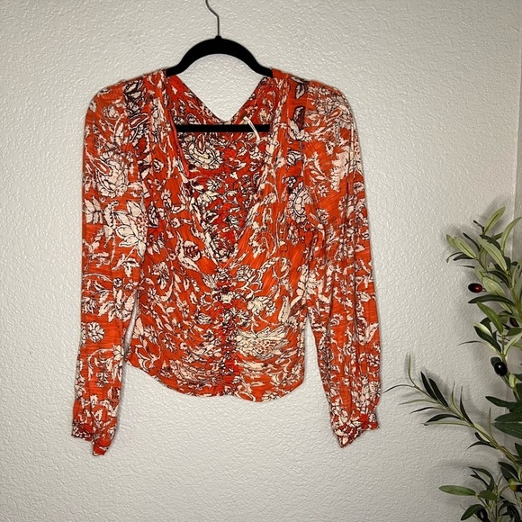 Small Free People Say The Word Orange Floral Red Combo Long Sleeve Ruched Top - Picture 1 of 6